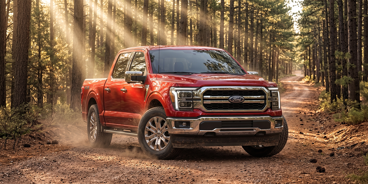A powerful red Ford F-150 Raptor navigating rugged off-road terrain in a dense forest setting, showcasing durability and performance.