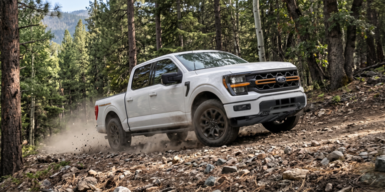 A white Ford F-150 pickup truck driving through a rocky forest trail, showcasing its off-road capabilities and durability in natural terrain.