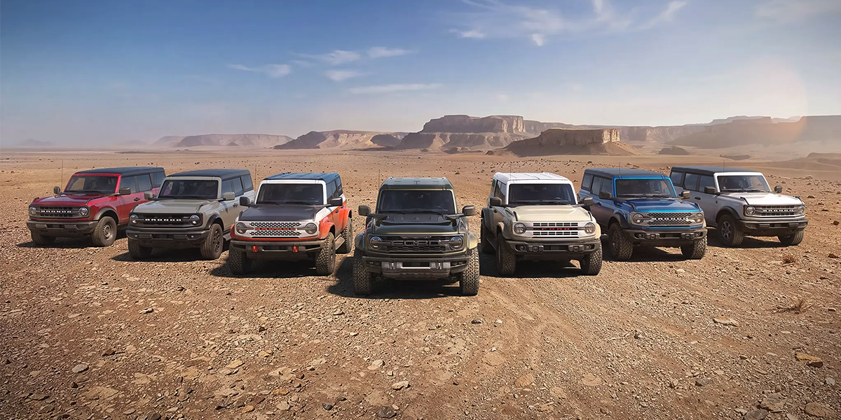Seven sturdy off-road trucks lined up on a rocky desert landscape under a clear sky, showcasing durability and adventure readiness.