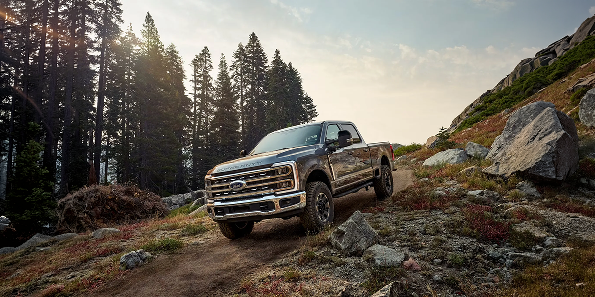 A silver 2026 Ford F-150 tackling rocks and uneven terrain in a forested mountain area, showcasing off-road capability and strength at MSA Ford.