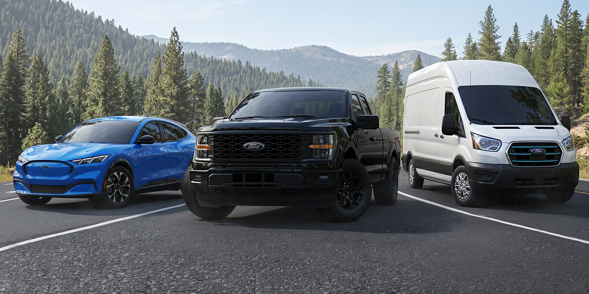 A lineup of 2026 Ford vehicles — including a blue car, black truck, and white van — displayed at MSA Ford with a scenic mountain and forest background.