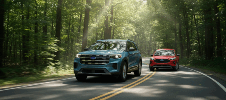 Two 2026 Ford SUVs driving along a winding forest road, highlighting durability and suitability for outdoor exploration — available at MSA Ford.