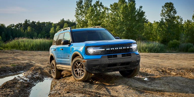 A blue 2026 Ford Bronco Sport equipped for off-road adventures, highlighting its durable tires, sporty exterior, and readiness for outdoor activities — available at MSA Ford.